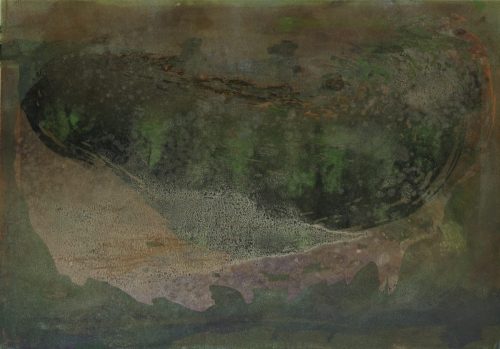 The image is a nonfigurative monotype in organic browns and greens, richly textured and hued. Entitled ‘Toxic Lake 2,0’, the work brings to mind a multi-layered mould growth, or a toxic spillage. Bereft of life and desolate, the artwork is an exercise in exploring the relation between the micro and macro scales in art and nature.