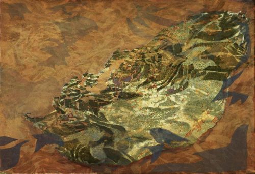A multi-layered monotype, juxtaposing the coppery, glimmering background with a patina-like greenness of the titular ‘lake’. The flames appear to consume the foreground, causing it to darken and wither, spattering sparkles all over it.